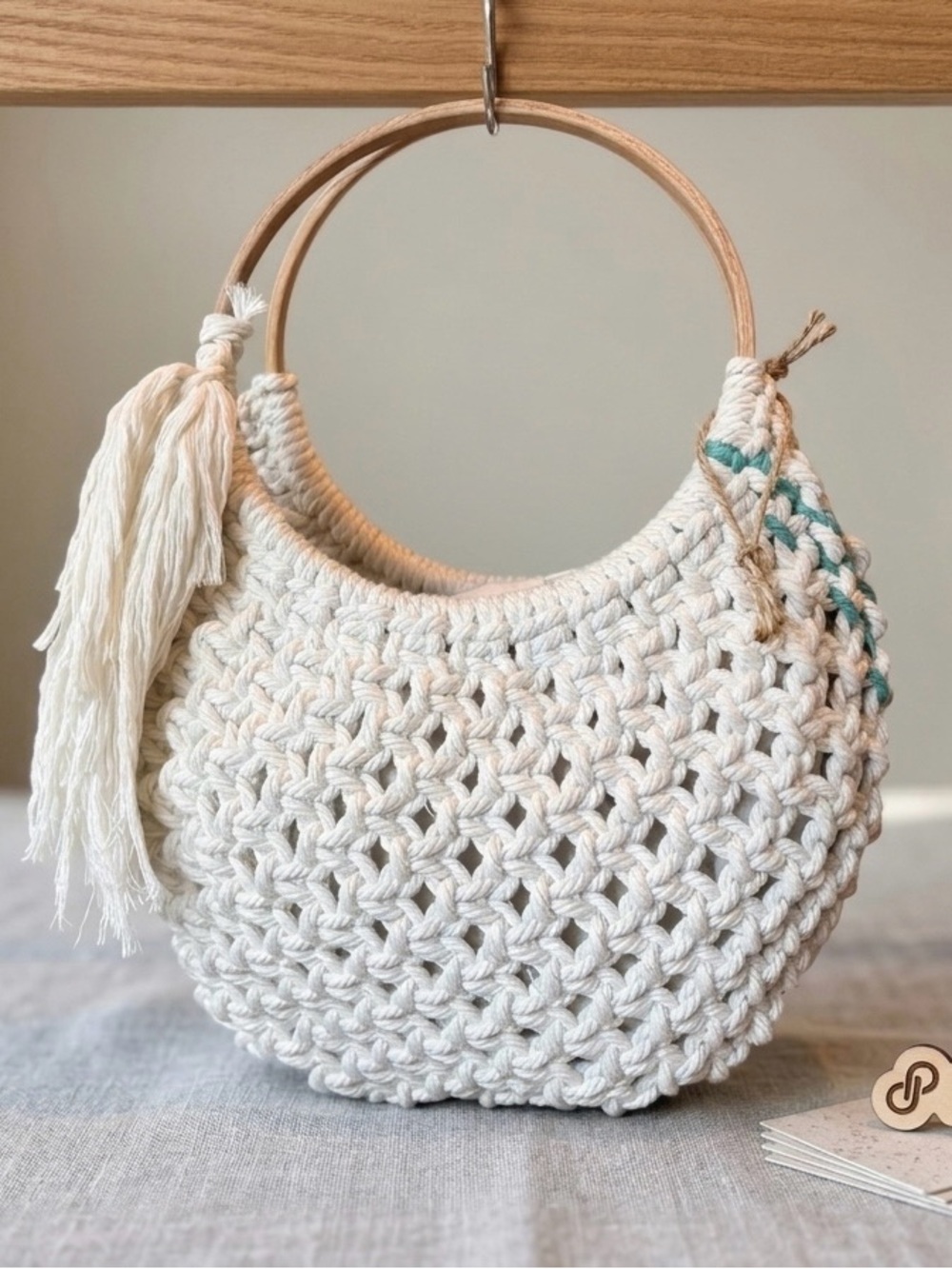Boho Artisan Macrame Crescent Bag with Wood Ring Handles & Tassel Handmade